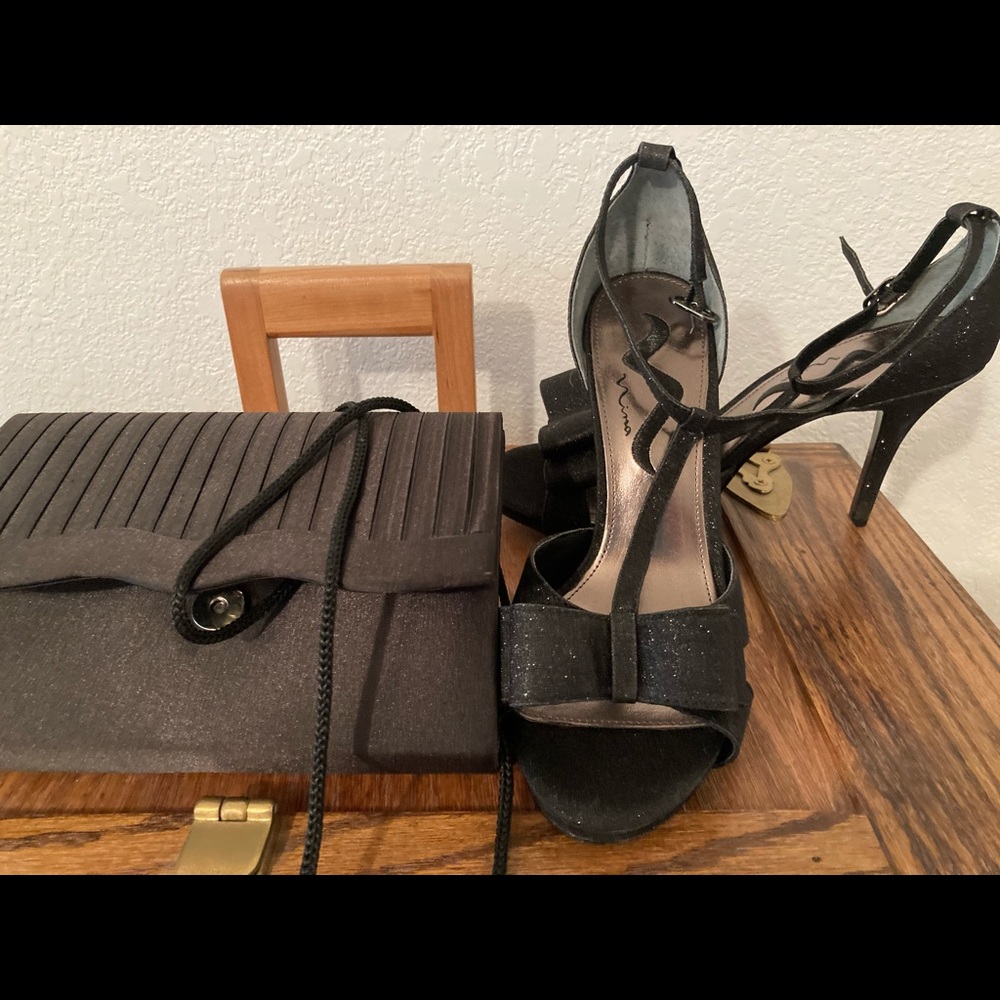 Glitter high heels with a black small purse